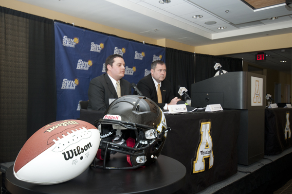 Assistant Athletic Director Mike Flynn (left) and Athletic Director Charlie Cobb (right) announce that Appalachian State accepted an invitation to join the Sun Belt Conference at a press conference Wednesday afternoon. Joey Johnson | The Appalachian